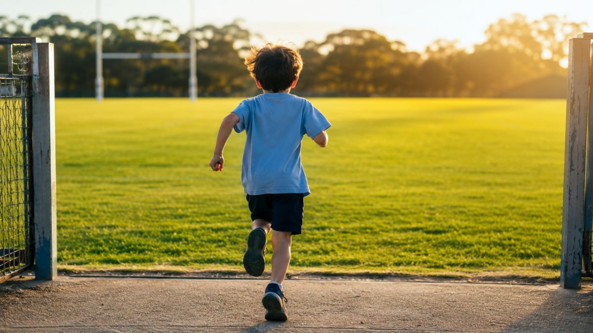 Bambino corre verso il campo al tramonto