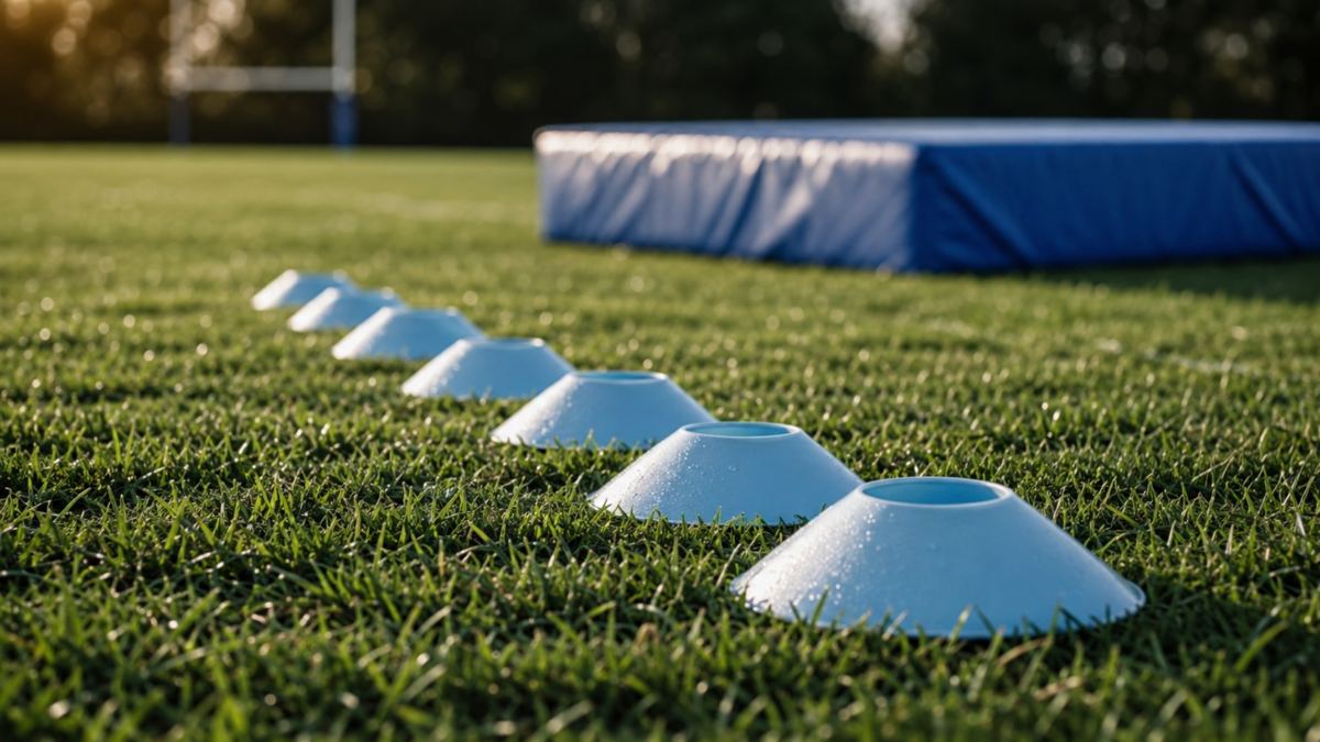 Percorso di conetti azzurri e materassone sul campo